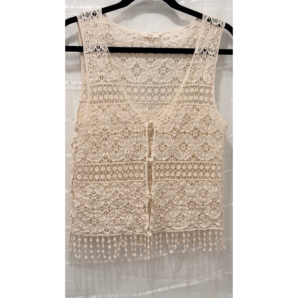 Nabee Cream Crochet Lace Vest Tassel‎ Fringe Boho Sleeveless Button Front Medium